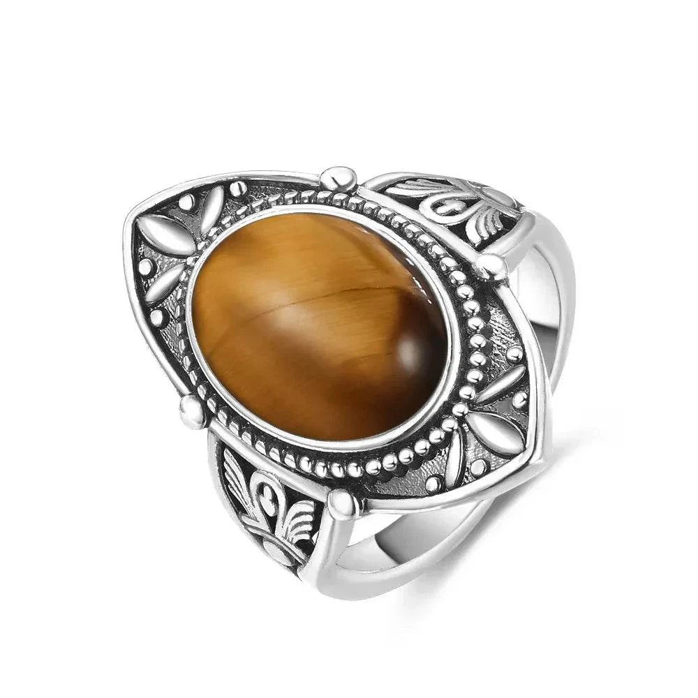 Vintage S925 Sterling Silver Ring Oval Round Natural Tiger Eye Ring Sun And Flower Shaped Retro Fine Jewelry For Women Men - Flamingo Stores