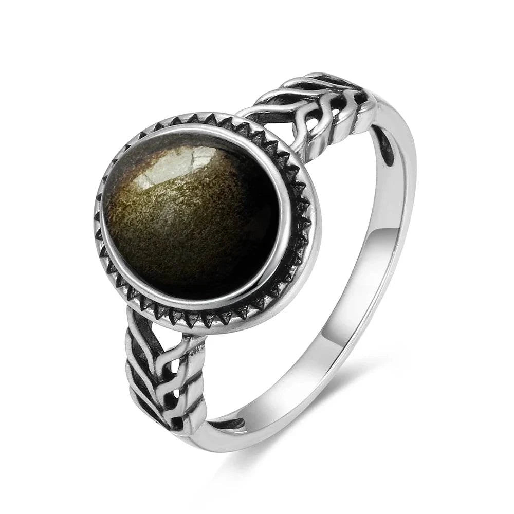 Vintage S925 Sterling Silver Ring Oval Round Natural Obsidian Ring Sun And Flower Shaped Retro Fine Jewelry For Women Men - Flamingo Stores