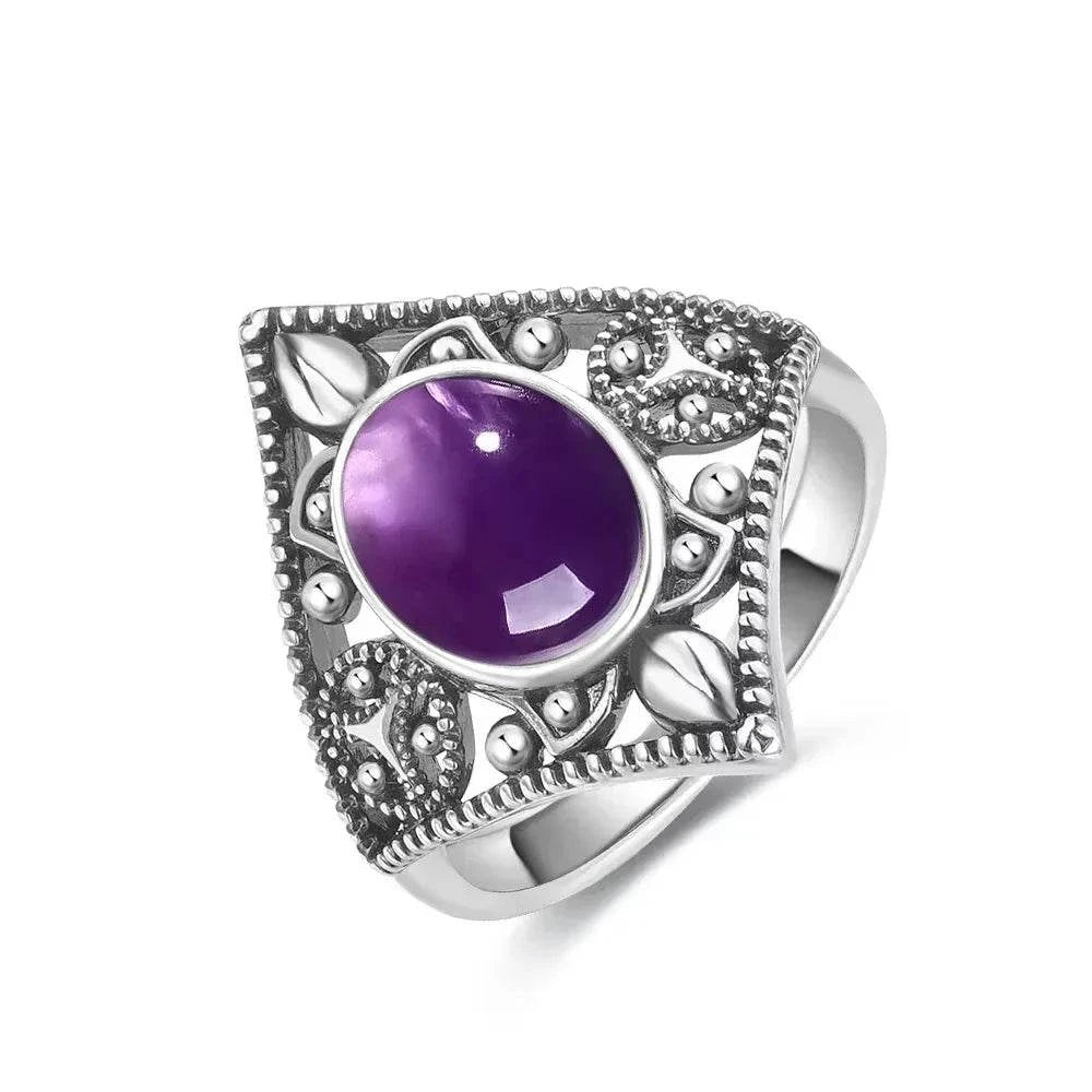 Vintage S925 Sterling Silver Ring Oval Round Natural Amethyst Ring Sun And Flower Shaped Retro Fine Jewelry For Women Men - Flamingo Stores