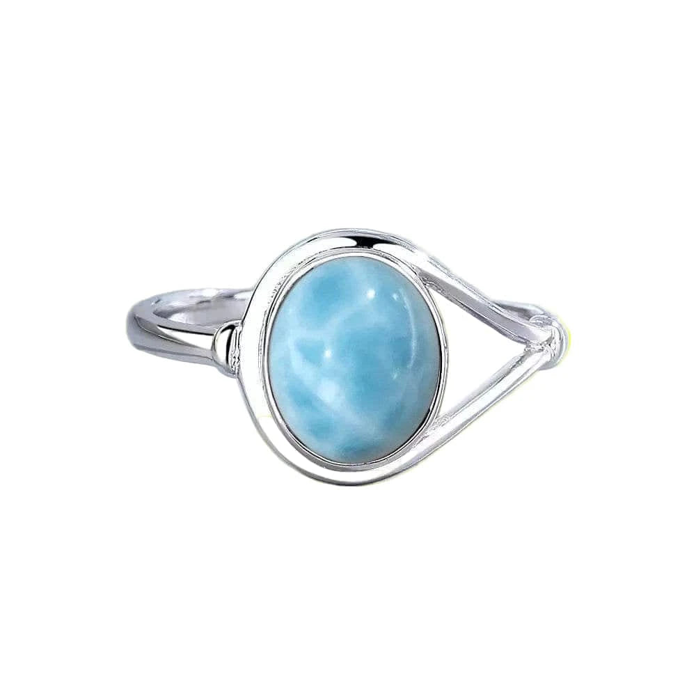 Vintage 925 Silver Natural Larimar Stone Ring Round Flower Shape Sky Blue Sea Water Ring Fine Jewelry Ring Gift For Women Men - Flamingo Stores