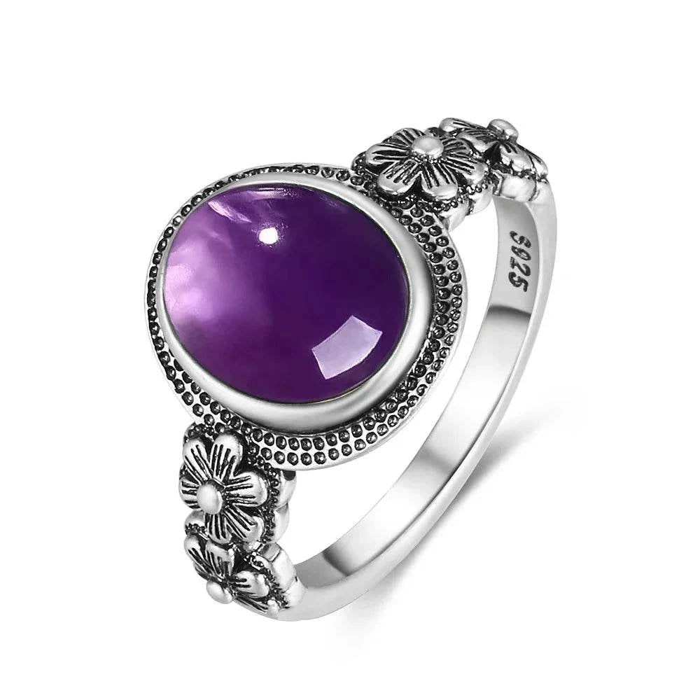 Vintage S925 Sterling Silver Ring Oval Round Natural Amethyst Ring Sun And Flower Shaped Retro Fine Jewelry For Women Men - Flamingo Stores