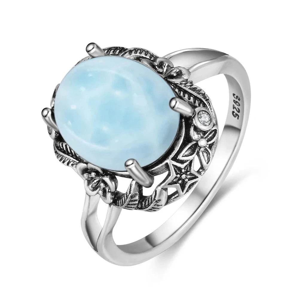 Vintage 925 Silver Natural Larimar Stone Ring Round Flower Shape Sky Blue Sea Water Ring Fine Jewelry Ring Gift For Women Men - Flamingo Stores
