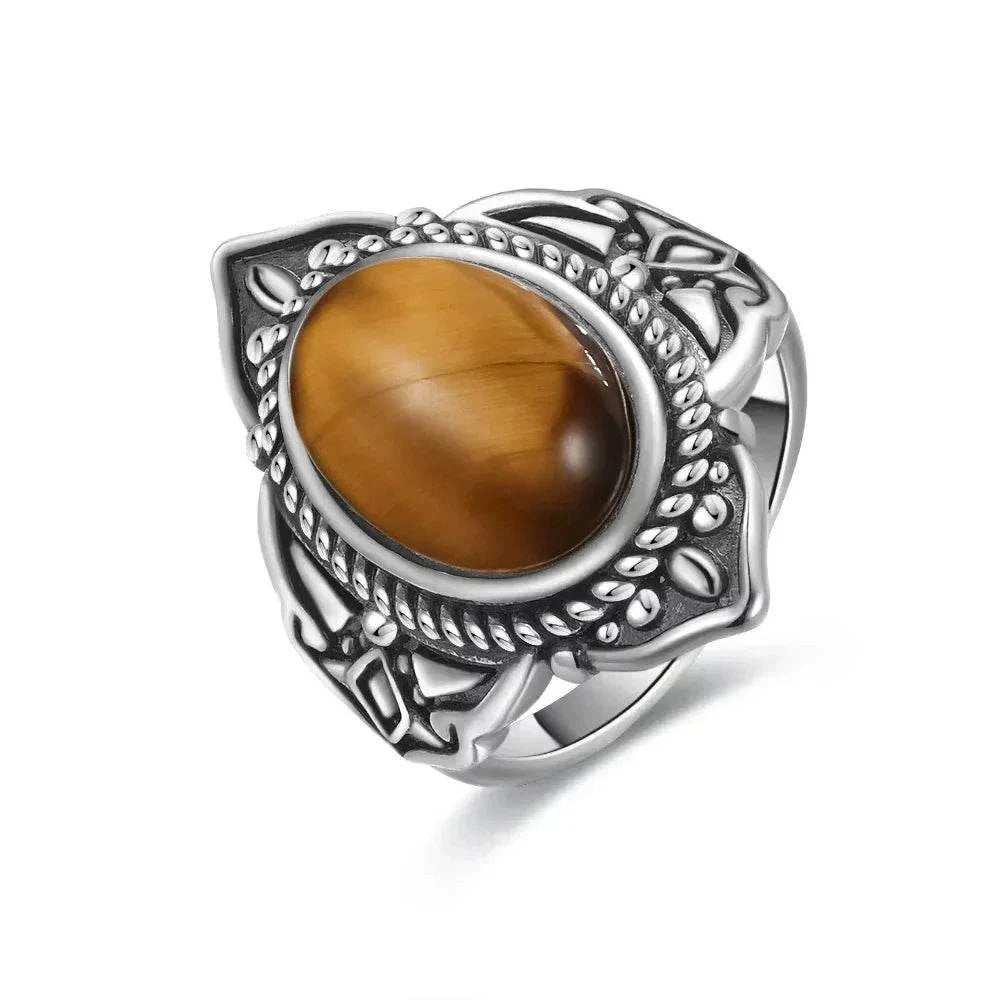 Vintage S925 Sterling Silver Ring Oval Round Natural Tiger Eye Ring Sun And Flower Shaped Retro Fine Jewelry For Women Men - Flamingo Stores