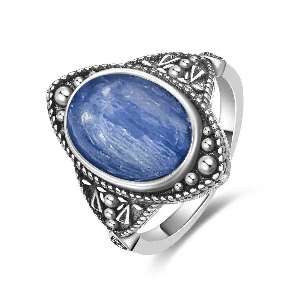 Vintage S925 Sterling Silver Ring Oval Round Natural Kyanite Ring Sun And Flower Shaped Retro Fine Jewelry For Women Men - Flamingo Stores