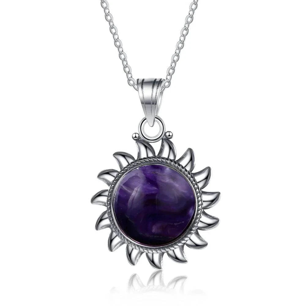 925 Sterling Silver Natural Labradorite Amethyst Necklace Sun Shape Vintage Necklace for Women Gift - Flamingo Stores