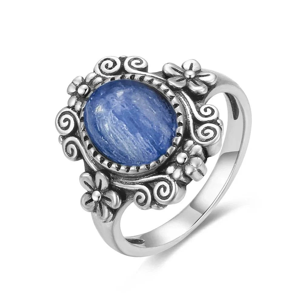 Vintage S925 Sterling Silver Ring Oval Round Natural Kyanite Ring Sun And Flower Shaped Retro Fine Jewelry For Women Men - Flamingo Stores