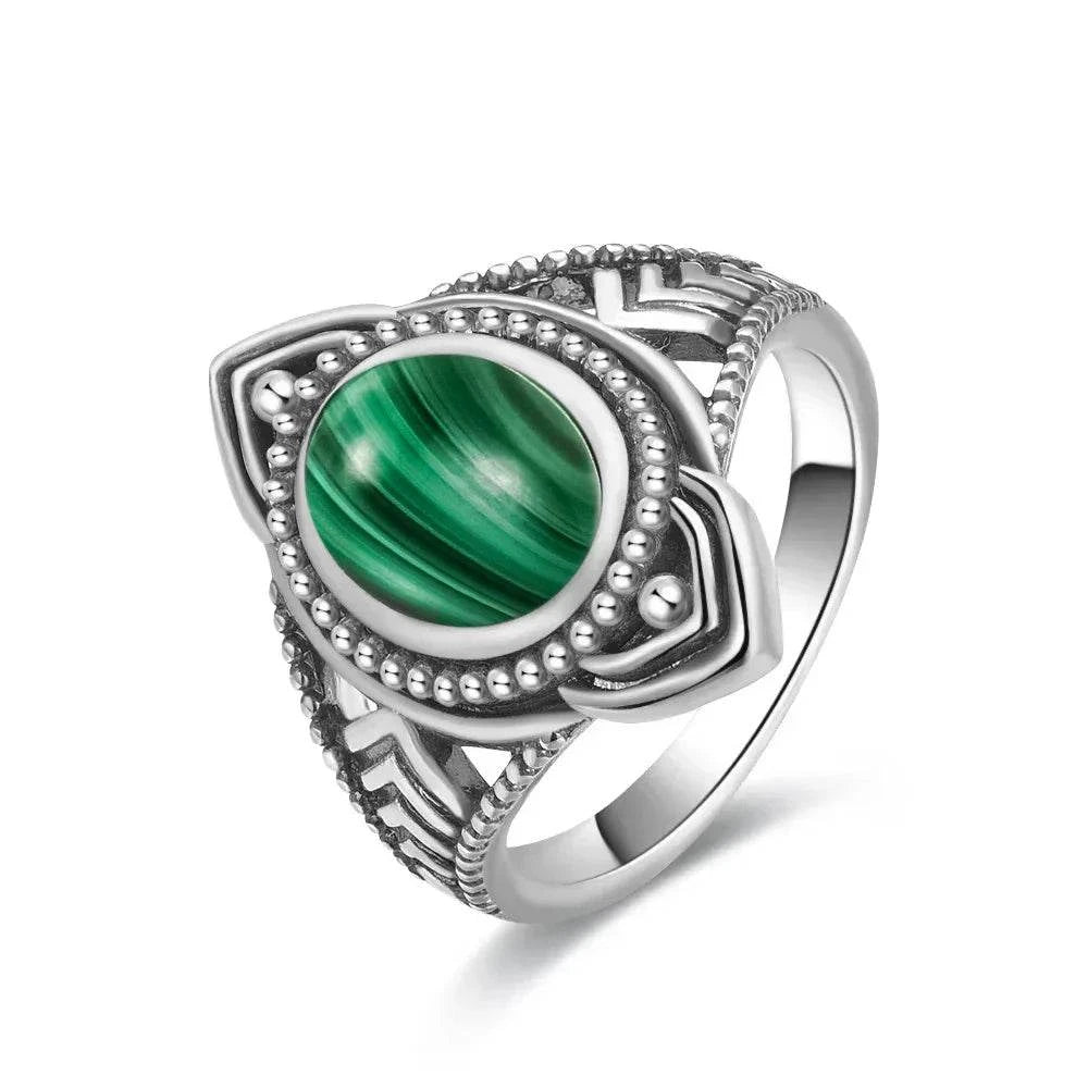 Vintage S925 Sterling Silver Ring Oval Round Natural Malachite Ring Sun And Flower Shaped Retro Fine Jewelry For Women Men - Flamingo Stores