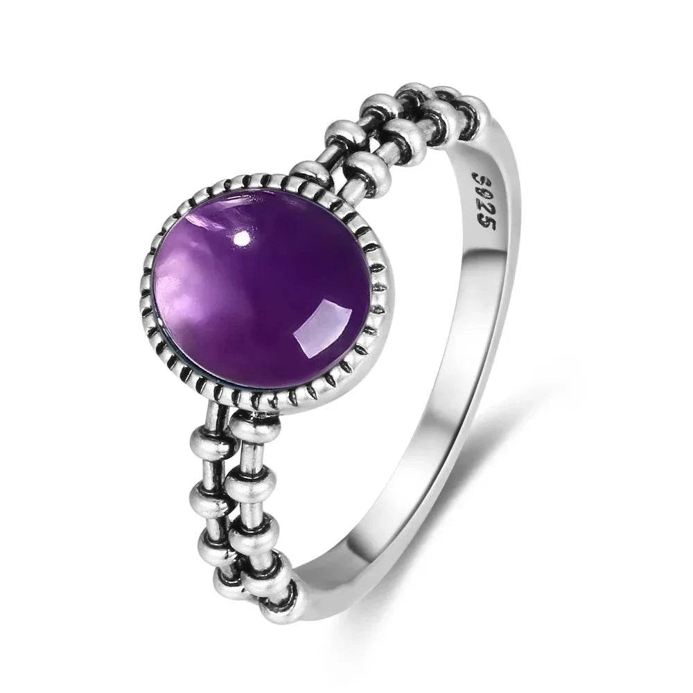 Vintage S925 Sterling Silver Ring Oval Round Natural Amethyst Ring Sun And Flower Shaped Retro Fine Jewelry For Women Men - Flamingo Stores