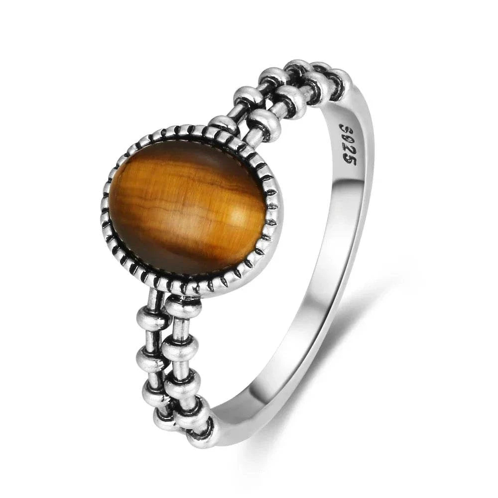Vintage S925 Sterling Silver Ring Oval Round Natural Tiger Eye Ring Sun And Flower Shaped Retro Fine Jewelry For Women Men - Flamingo Stores