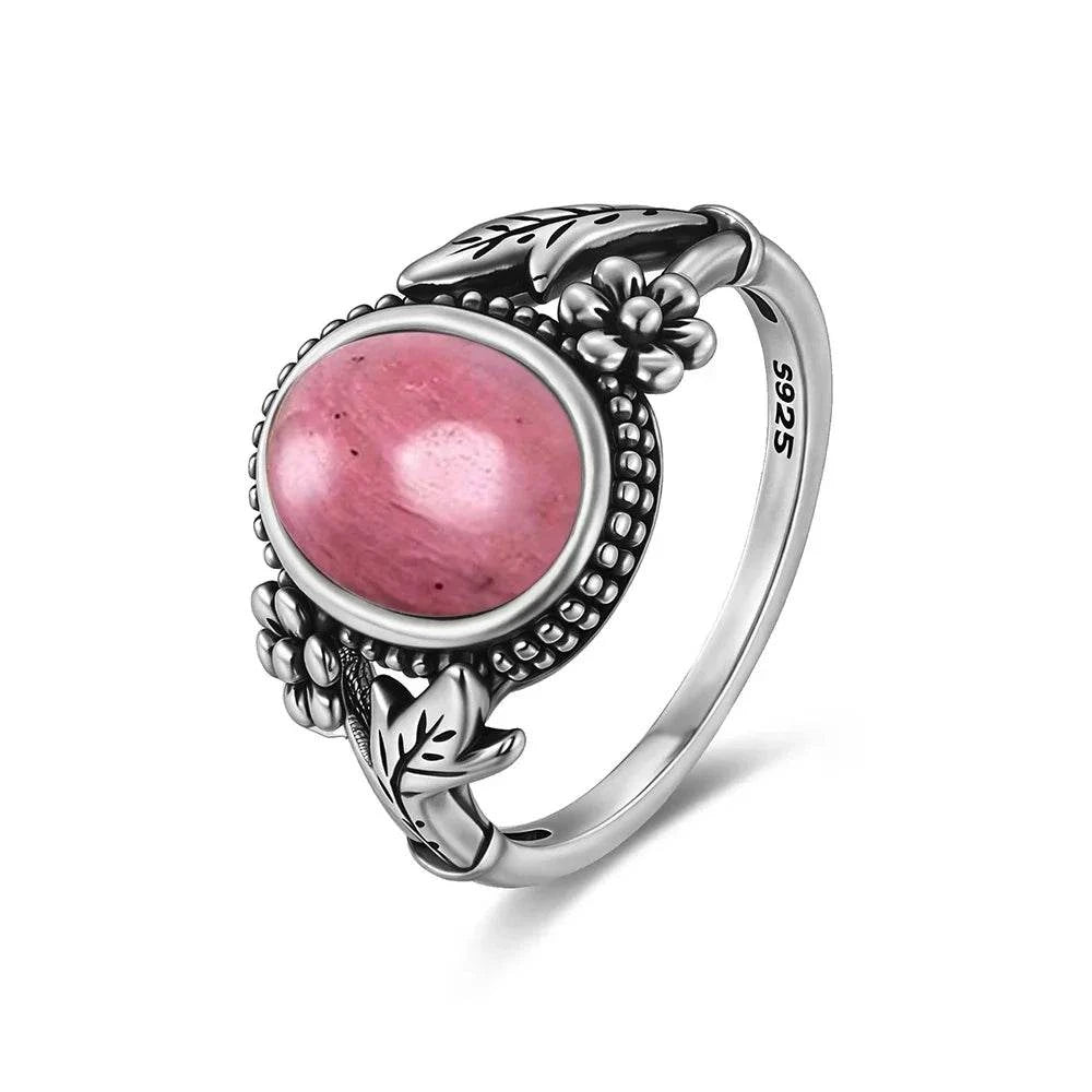 Vintage S925 Sterling Silver Ring Oval Round Natural Rhodochrosite Ring Sun And Flower Shaped Retro Fine Jewelry For Women Men - Flamingo Stores