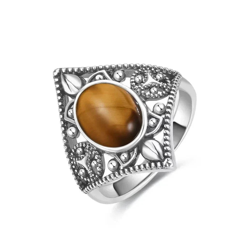 Vintage S925 Sterling Silver Ring Oval Round Natural Tiger Eye Ring Sun And Flower Shaped Retro Fine Jewelry For Women Men - Flamingo Stores