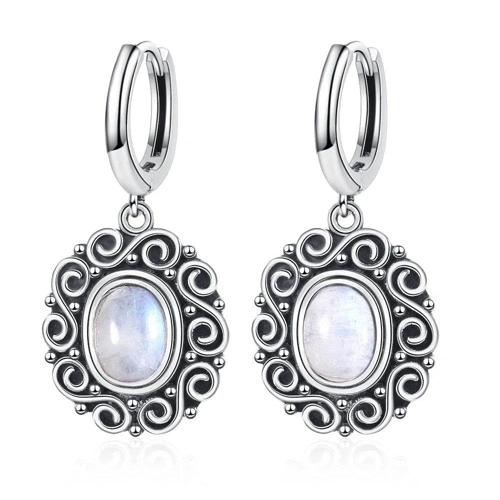 925 Sterling Silver Moonstone Drop Earrings for Women Oval Amethyst Charoite Earring Party Wedding Gift Jewelry Blue Sandstone - Flamingo Stores