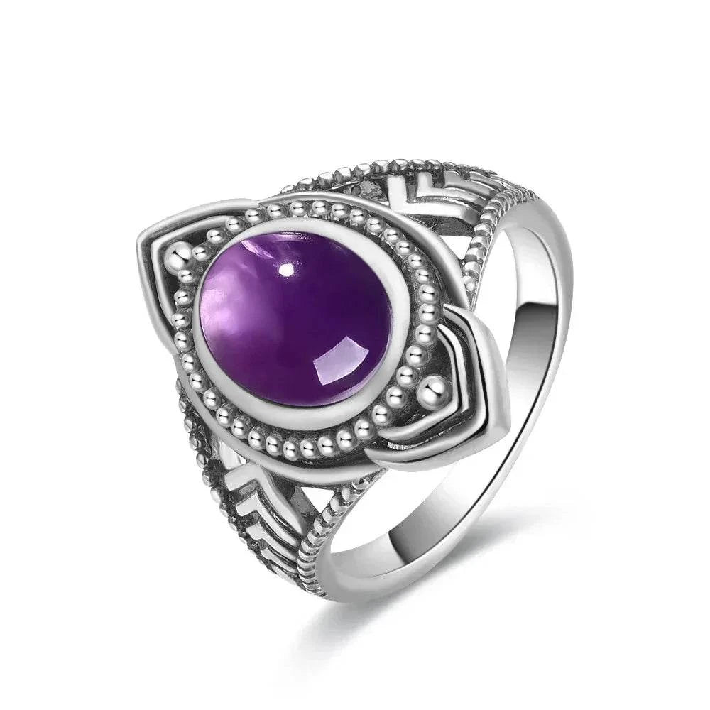 Vintage S925 Sterling Silver Ring Oval Round Natural Amethyst Ring Sun And Flower Shaped Retro Fine Jewelry For Women Men - Flamingo Stores