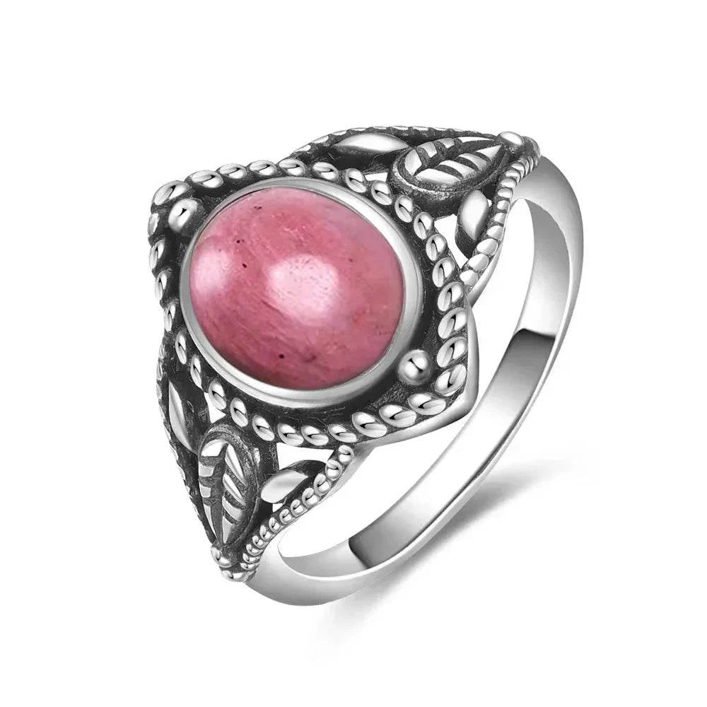 Vintage S925 Sterling Silver Ring Oval Round Natural Rhodochrosite Ring Sun And Flower Shaped Retro Fine Jewelry For Women Men - Flamingo Stores