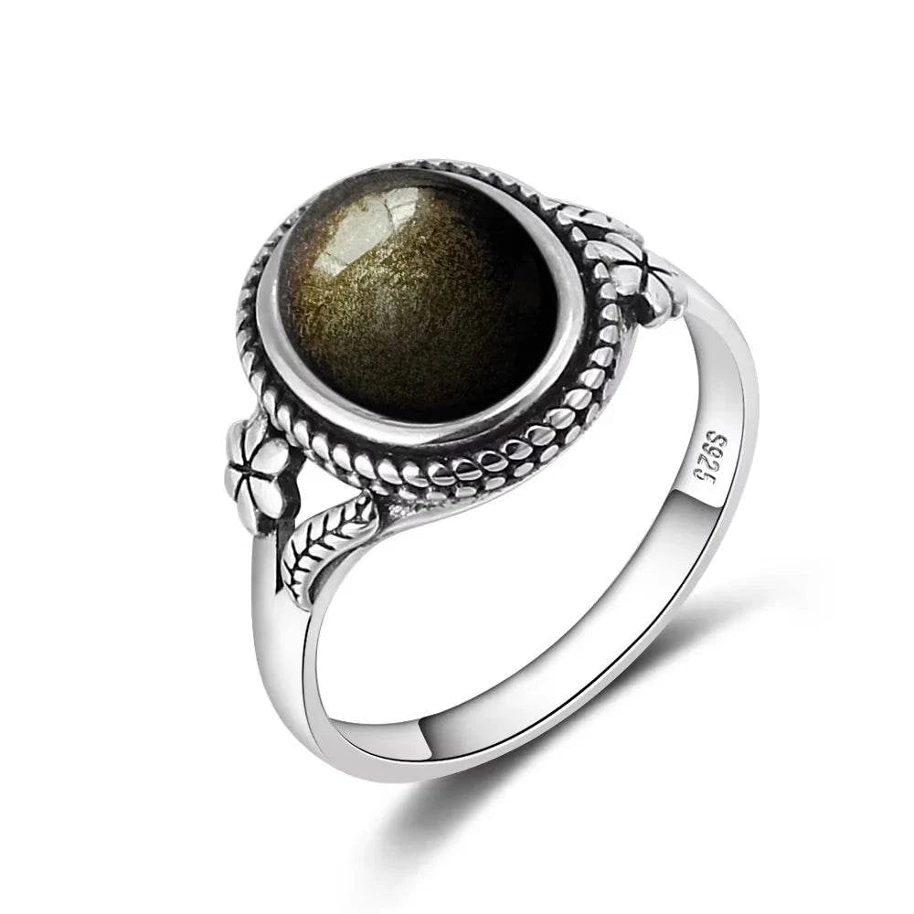 Vintage S925 Sterling Silver Ring Oval Round Natural Obsidian Ring Sun And Flower Shaped Retro Fine Jewelry For Women Men - Flamingo Stores