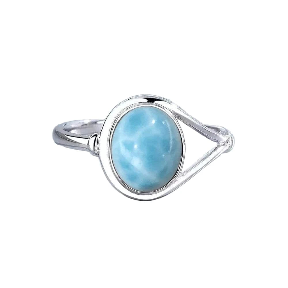 Vintage 925 Silver Natural Larimar Stone Ring Round Flower Shape Sky Blue Sea Water Ring Fine Jewelry Ring Gift For Women Men - Flamingo Stores