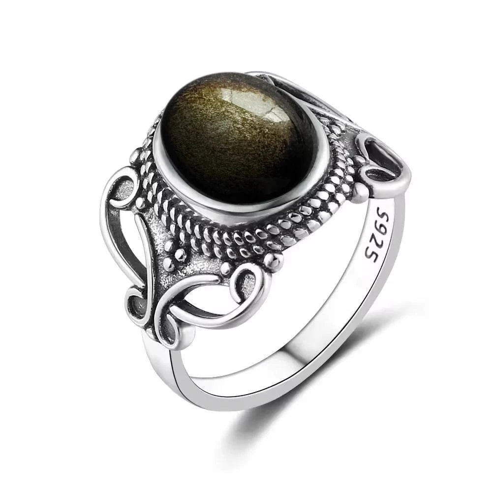 Vintage S925 Sterling Silver Ring Oval Round Natural Obsidian Ring Sun And Flower Shaped Retro Fine Jewelry For Women Men - Flamingo Stores