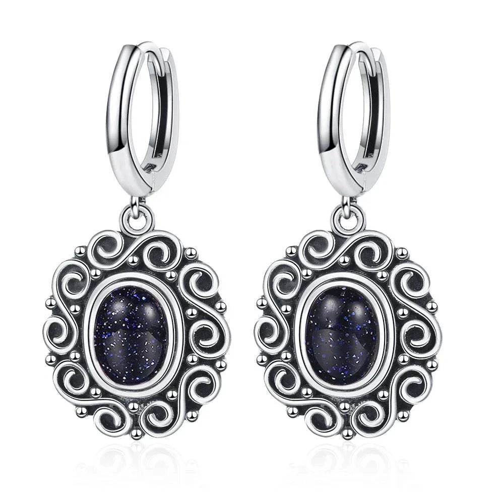 925 Sterling Silver Moonstone Drop Earrings for Women Oval Amethyst Charoite Earring Party Wedding Gift Jewelry Blue Sandstone - Flamingo Stores