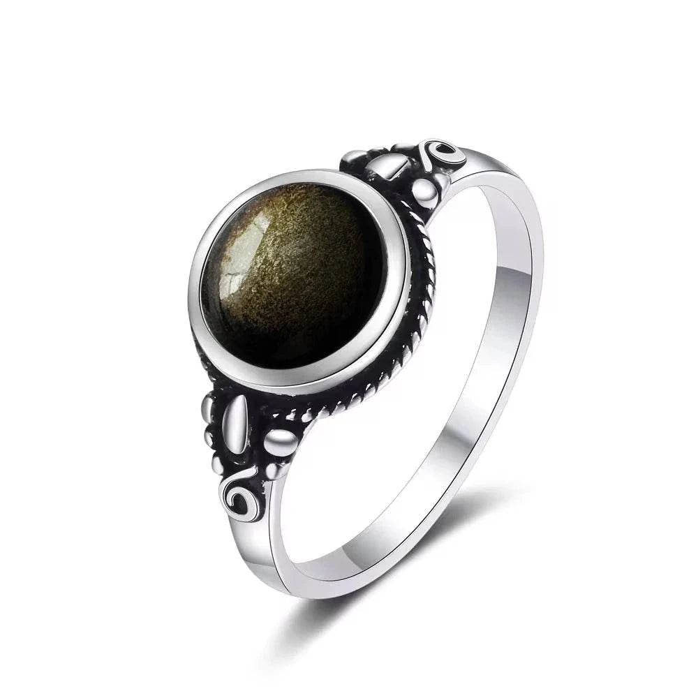 Vintage S925 Sterling Silver Ring Oval Round Natural Obsidian Ring Sun And Flower Shaped Retro Fine Jewelry For Women Men - Flamingo Stores