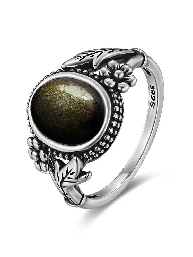 Vintage S925 Sterling Silver Ring Oval Round Natural Obsidian Ring Sun And Flower Shaped Retro Fine Jewelry For Women Men - Flamingo Stores