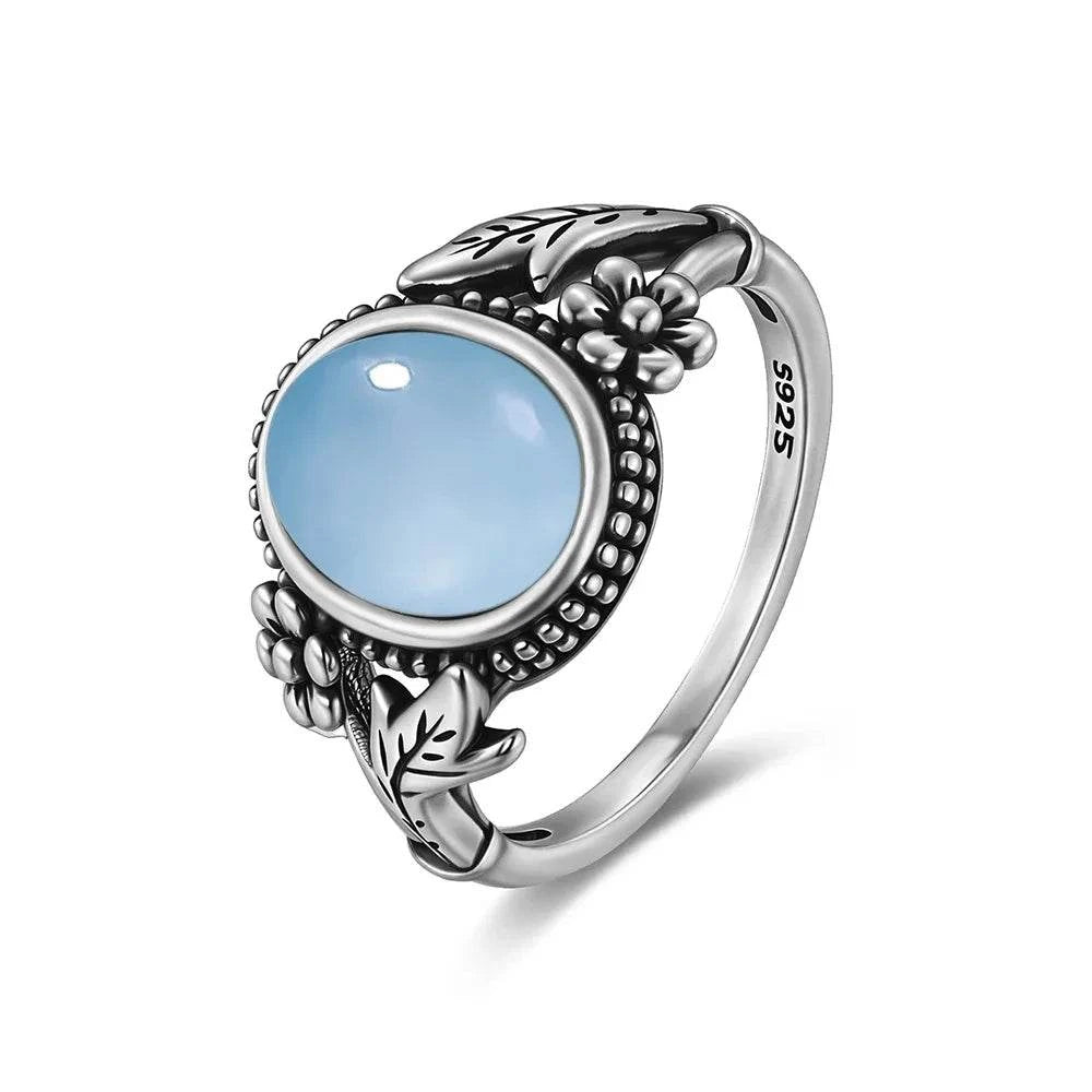 Vintage S925 Sterling Silver Ring Round Natural Lake Blue Crystal Ring Sun And Flower Shaped Retro Fine Jewelry For Women Men - Flamingo Stores