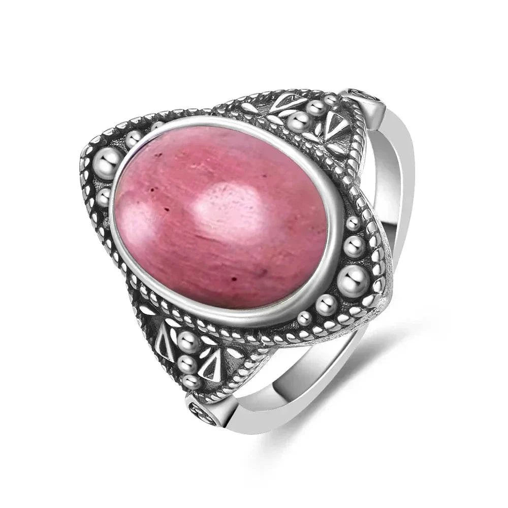 Vintage S925 Sterling Silver Ring Oval Round Natural Rhodochrosite Ring Sun And Flower Shaped Retro Fine Jewelry For Women Men - Flamingo Stores