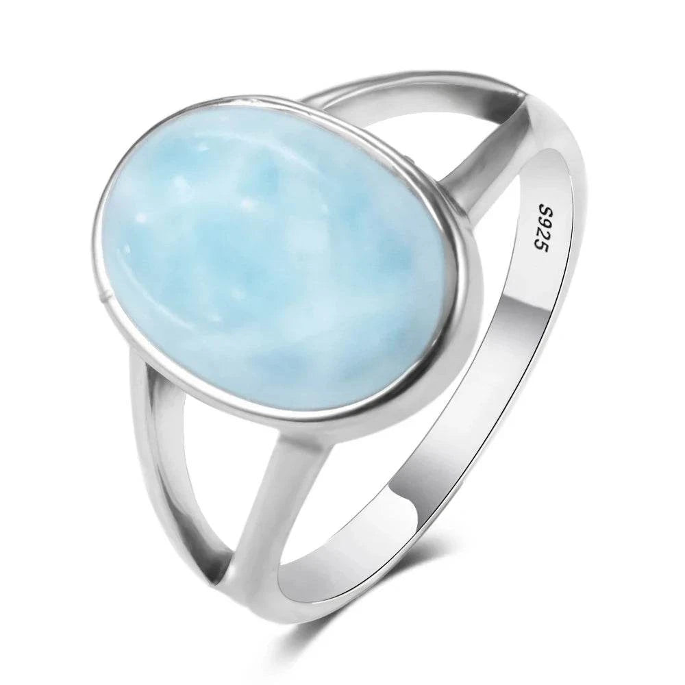 Vintage 925 Silver Natural Larimar Stone Ring Round Flower Shape Sky Blue Sea Water Ring Fine Jewelry Ring Gift For Women Men - Flamingo Stores