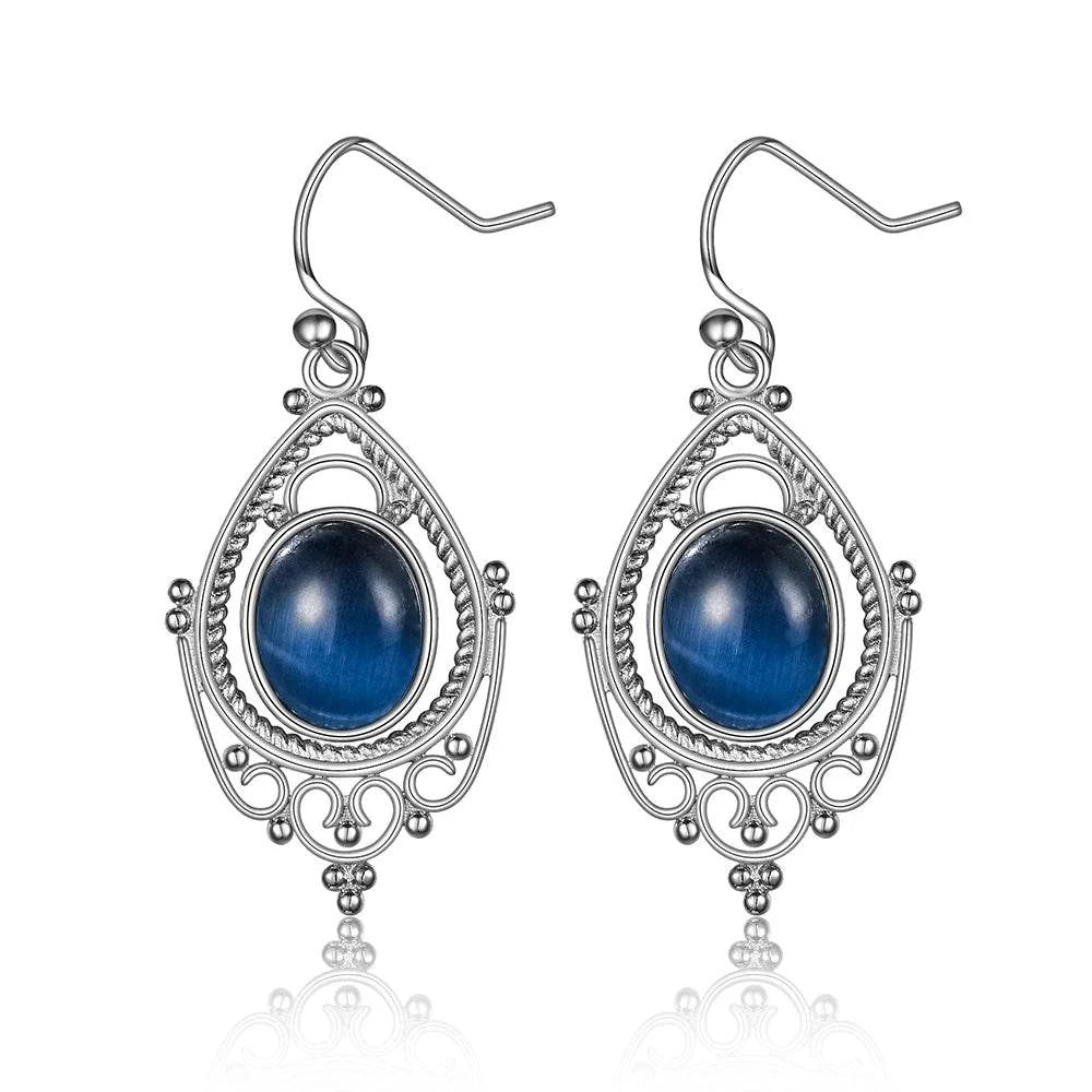 925 Sterling Silver Oval 8*10mm Natural Labradorite Earrings Vintage Ethnic Jewelry for Women Gift - Flamingo Stores