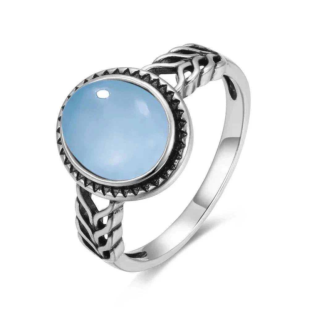 Vintage S925 Sterling Silver Ring Round Natural Lake Blue Crystal Ring Sun And Flower Shaped Retro Fine Jewelry For Women Men - Flamingo Stores