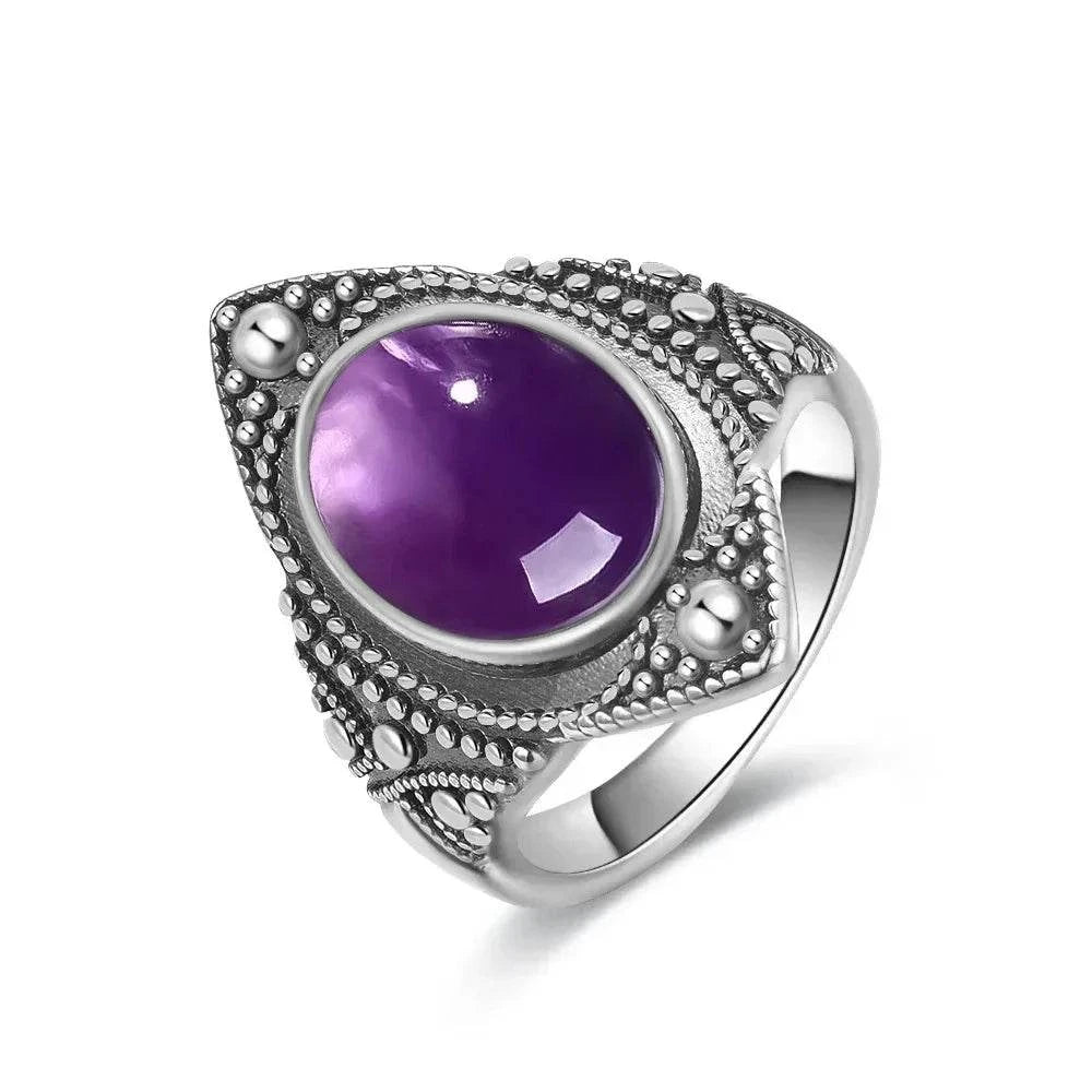 Vintage S925 Sterling Silver Ring Oval Round Natural Amethyst Ring Sun And Flower Shaped Retro Fine Jewelry For Women Men - Flamingo Stores