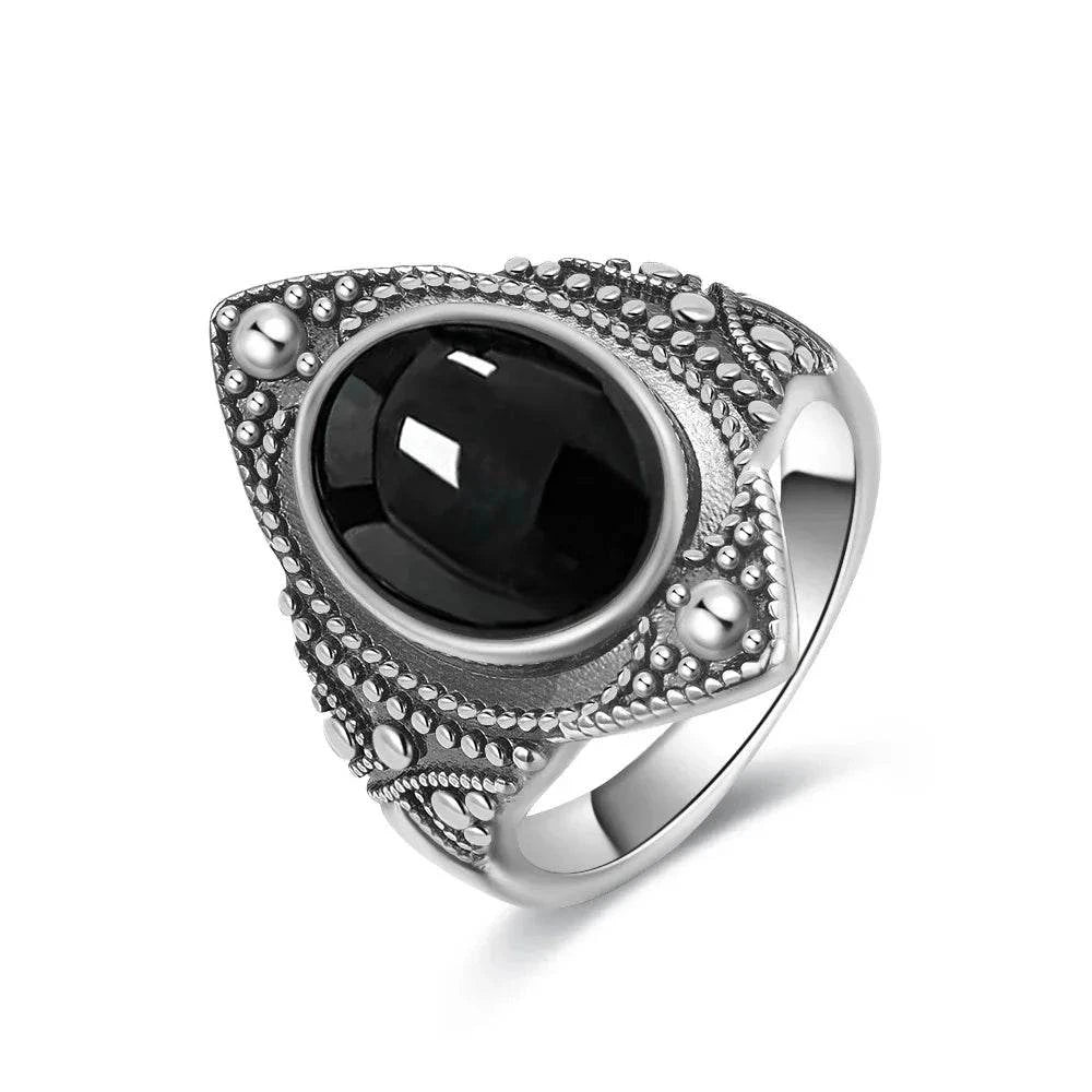 925 Silver Vintage Ring Natural Black Agate Denier Type Horse Eye Design for Women Exquisite Packing Gift Fine ring - Flamingo Stores