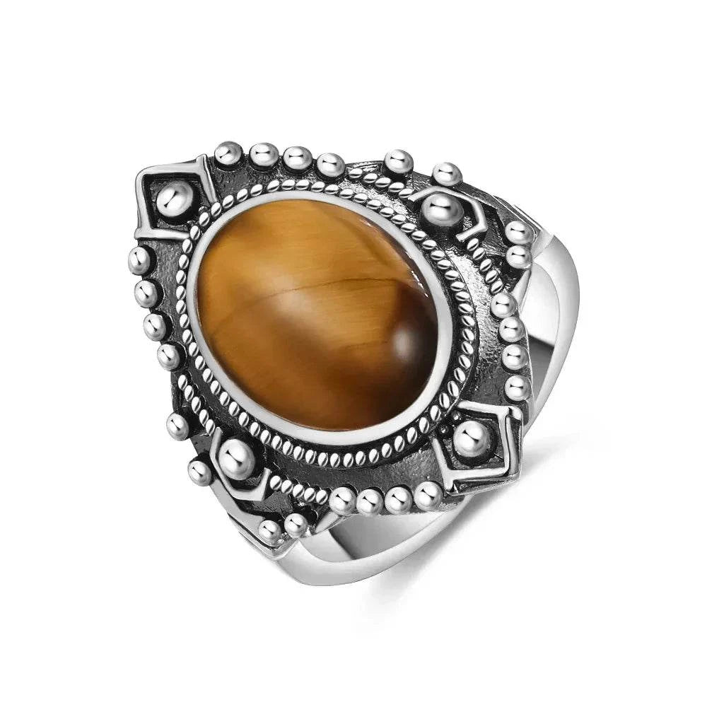 Vintage S925 Sterling Silver Ring Oval Round Natural Tiger Eye Ring Sun And Flower Shaped Retro Fine Jewelry For Women Men - Flamingo Stores