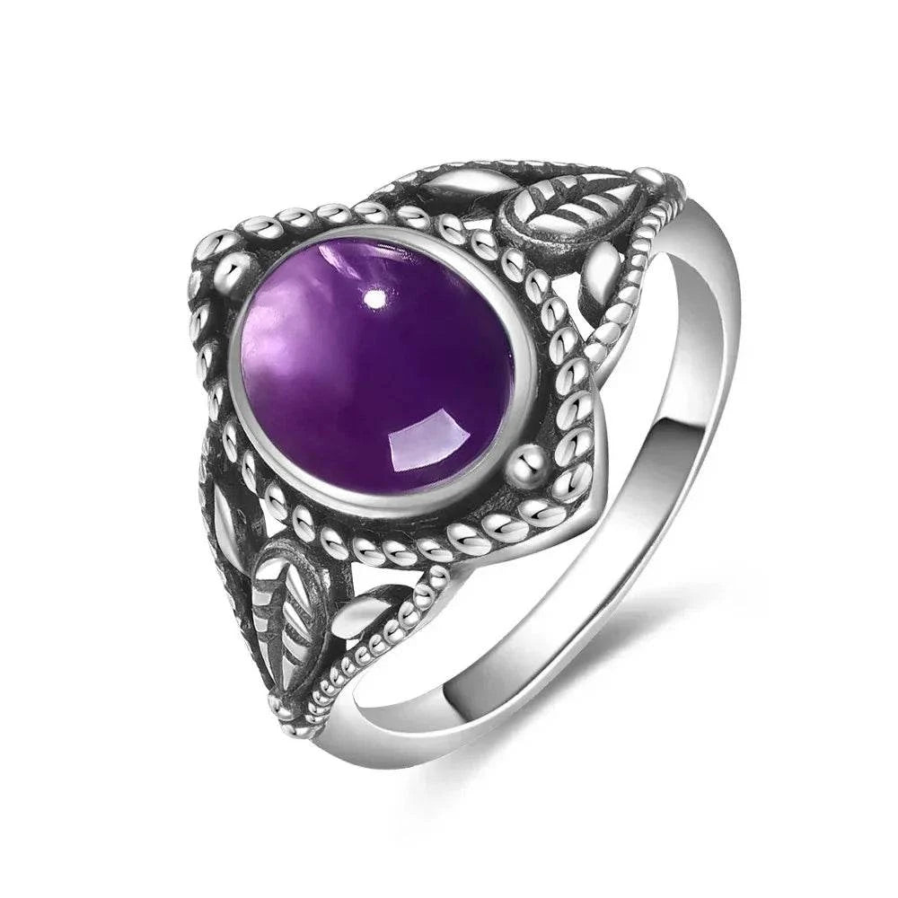 Vintage S925 Sterling Silver Ring Oval Round Natural Amethyst Ring Sun And Flower Shaped Retro Fine Jewelry For Women Men - Flamingo Stores