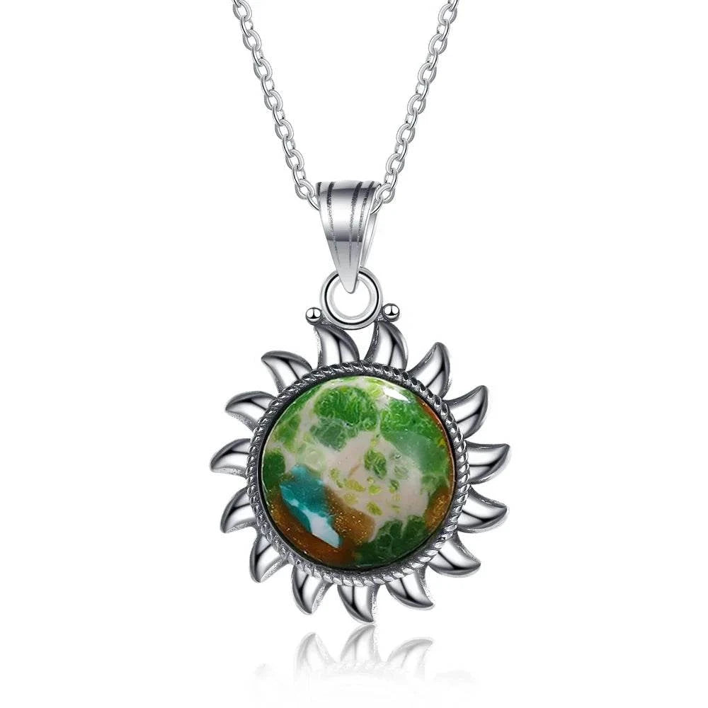 925 Sterling Silver Natural Labradorite Amethyst Necklace Sun Shape Vintage Necklace for Women Gift - Flamingo Stores