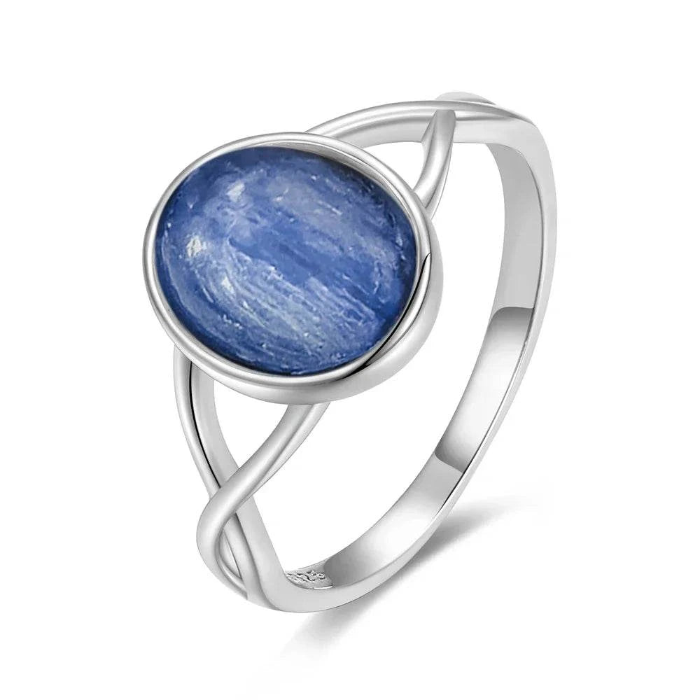 Vintage S925 Sterling Silver Ring Oval Round Natural Kyanite Ring Sun And Flower Shaped Retro Fine Jewelry For Women Men - Flamingo Stores
