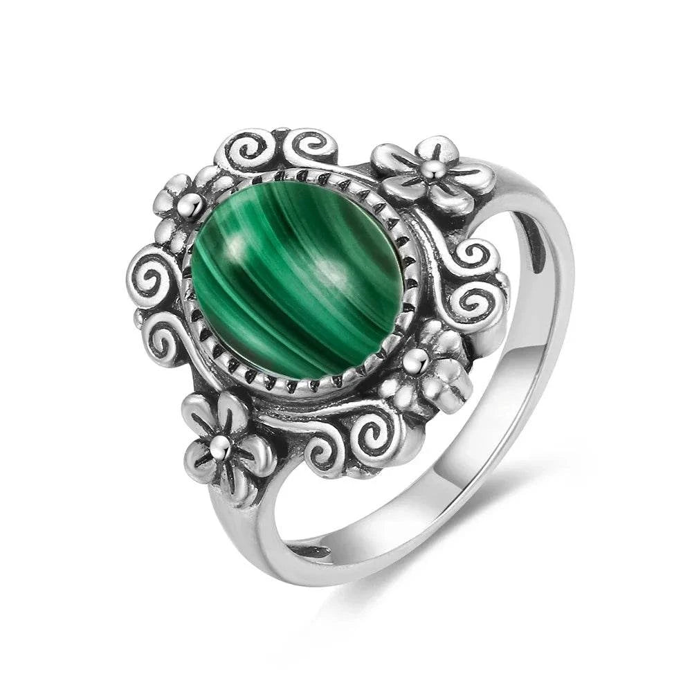 Vintage S925 Sterling Silver Ring Oval Round Natural Malachite Ring Sun And Flower Shaped Retro Fine Jewelry For Women Men - Flamingo Stores