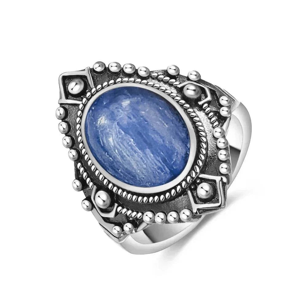 Vintage S925 Sterling Silver Ring Oval Round Natural Kyanite Ring Sun And Flower Shaped Retro Fine Jewelry For Women Men - Flamingo Stores