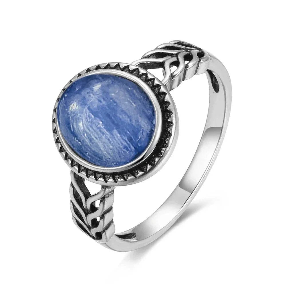 Vintage S925 Sterling Silver Ring Oval Round Natural Kyanite Ring Sun And Flower Shaped Retro Fine Jewelry For Women Men - Flamingo Stores