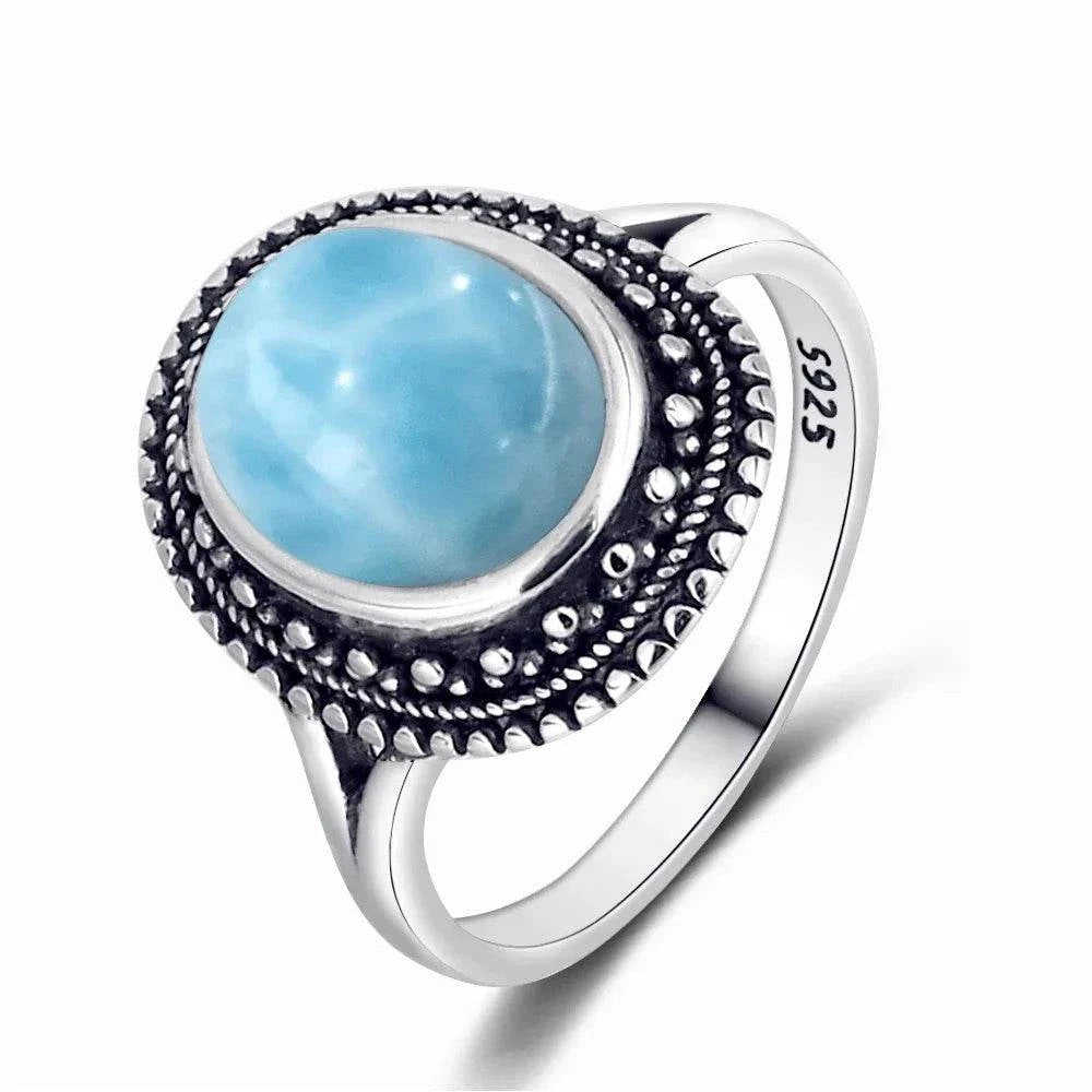 Vintage 925 Silver Natural Larimar Stone Ring Round Flower Shape Sky Blue Sea Water Ring Fine Jewelry Ring Gift For Women Men - Flamingo Stores