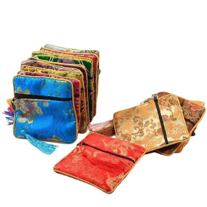 1pc Chinese Brocade Zipper Jewelry Bag Gift Pouch Square with Flower Pattern for Gift Packaging Shopping Storage Pouche - Flamingo Stores