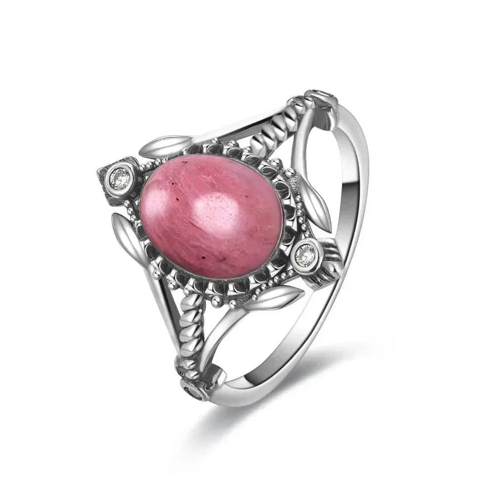 Vintage S925 Sterling Silver Ring Oval Round Natural Rhodochrosite Ring Sun And Flower Shaped Retro Fine Jewelry For Women Men - Flamingo Stores