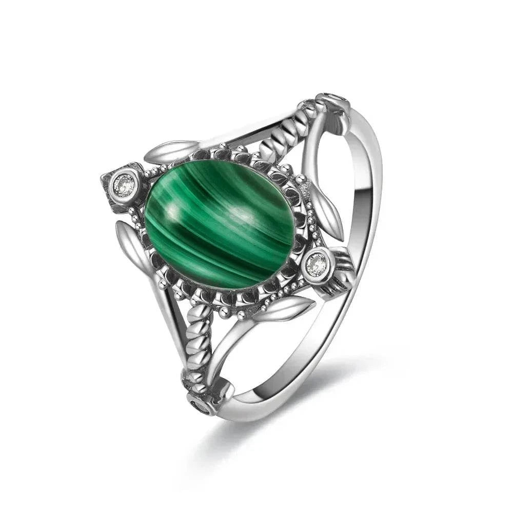 Vintage S925 Sterling Silver Ring Oval Round Natural Malachite Ring Sun And Flower Shaped Retro Fine Jewelry For Women Men - Flamingo Stores