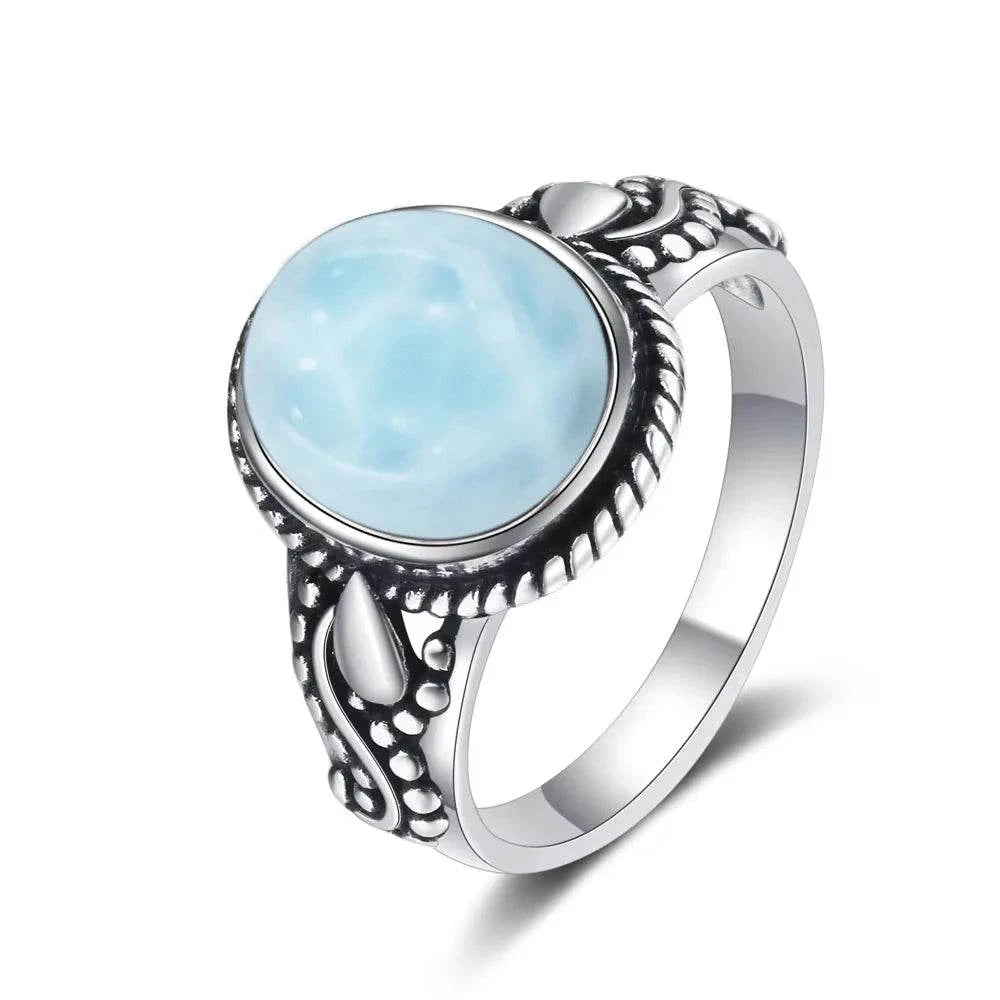 Vintage 925 Silver Natural Larimar Stone Ring Round Flower Shape Sky Blue Sea Water Ring Fine Jewelry Ring Gift For Women Men - Flamingo Stores