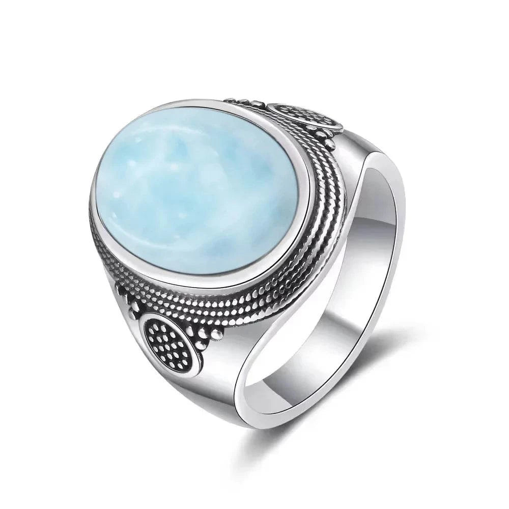 Vintage 925 Silver Natural Larimar Stone Ring Round Flower Shape Sky Blue Sea Water Ring Fine Jewelry Ring Gift For Women Men - Flamingo Stores