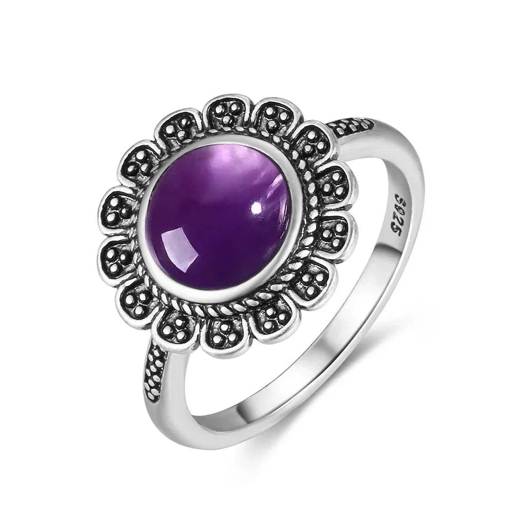 Vintage S925 Sterling Silver Ring Oval Round Natural Amethyst Ring Sun And Flower Shaped Retro Fine Jewelry For Women Men - Flamingo Stores