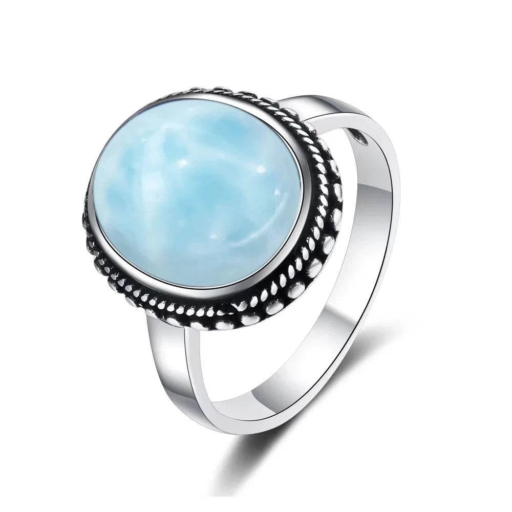Vintage 925 Silver Natural Larimar Stone Ring Round Flower Shape Sky Blue Sea Water Ring Fine Jewelry Ring Gift For Women Men - Flamingo Stores