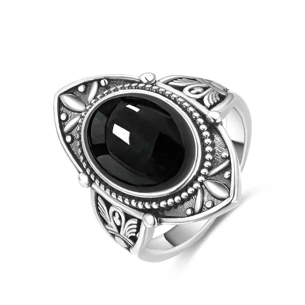 925 Silver Vintage Ring Natural Black Agate Denier Type Horse Eye Design for Women Exquisite Packing Gift Fine ring - Flamingo Stores
