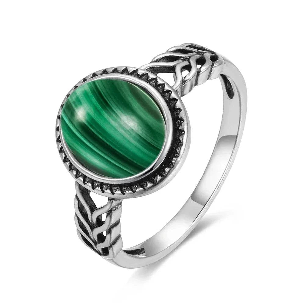 Vintage S925 Sterling Silver Ring Oval Round Natural Malachite Ring Sun And Flower Shaped Retro Fine Jewelry For Women Men - Flamingo Stores