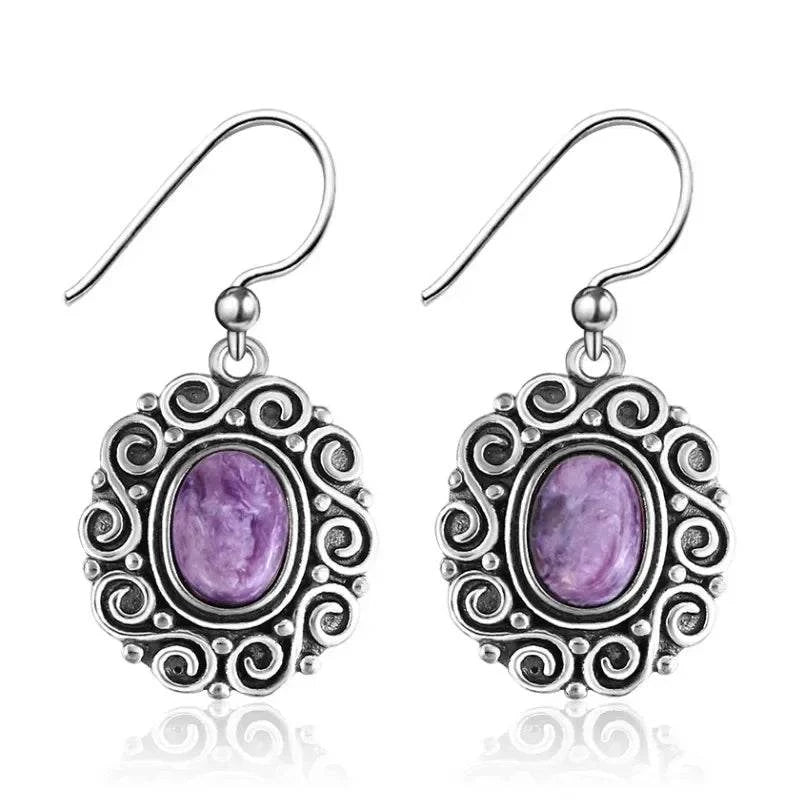 925 Sterling Silver Moonstone Drop Earrings for Women Oval Amethyst Charoite Earring Party Wedding Gift Jewelry Blue Sandstone - Flamingo Stores