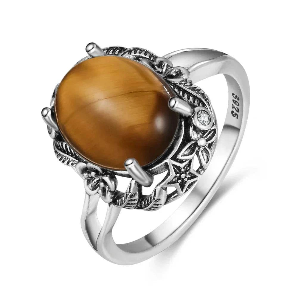Vintage S925 Sterling Silver Ring Oval Round Natural Tiger Eye Ring Sun And Flower Shaped Retro Fine Jewelry For Women Men - Flamingo Stores